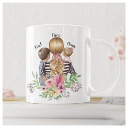   Egyedi bögre anyukáknak - Anya 2 gyermekkel (nagyfiú-kislány) választható karakterekkel, nevekkel, felirattal