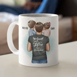   Legjobb Apa bögre - 2 gyermekkel (idősebb fiú-kislány) választható karakterekkel, nevekkel, felirattal