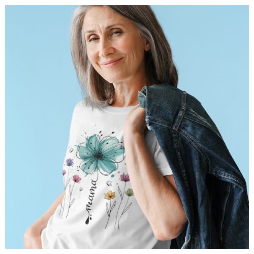 Boho stílusú virágos mama feliratos női póló