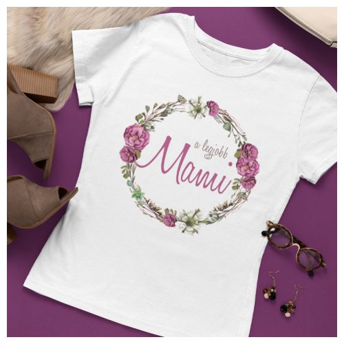 A legjobb Mami - feliratos női póló - lila virágkoszorú mintával 