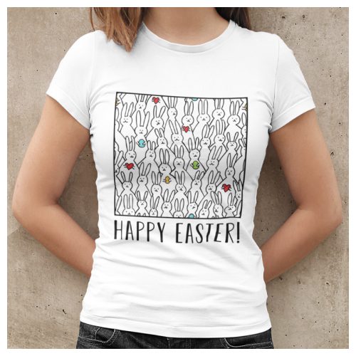 Rengeteg fehér nyuszis Húsvéti női póló - Happy Easter! - felirattal 