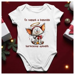 Cicás karácsonyi body vagy póló – „Első karácsonyom” felirattal, angyali cica mintával, kérhető névvel