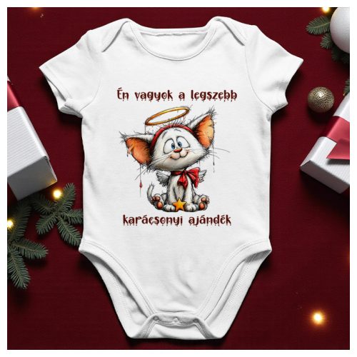 Cicás karácsonyi body vagy póló – „Első karácsonyom” felirattal, angyali cica mintával, kérhető névvel