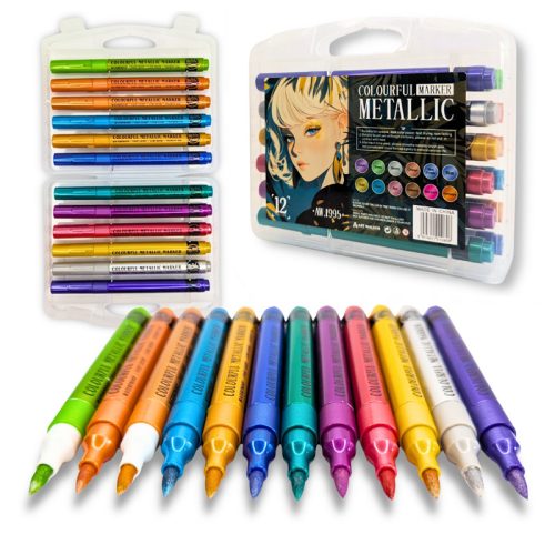 12 darabos metál filctoll készlet csillogó színekben rajzoláshoz