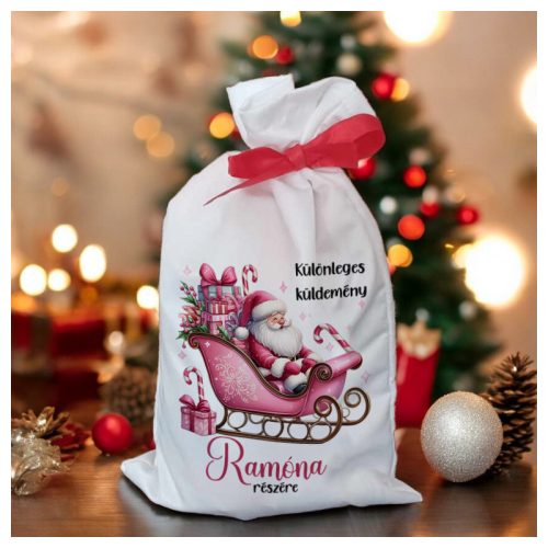 Télapó szánja teli ajándékkal mintájú mikulás zsák – egyedi névre szóló mikizsák gyerekeknek felnőtteknek