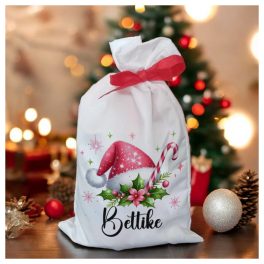 Mikulás sapka és cukorpálca mintás mikulás zsák – egyedi névre szóló mikizsák gyerekeknek, felnőtteknek