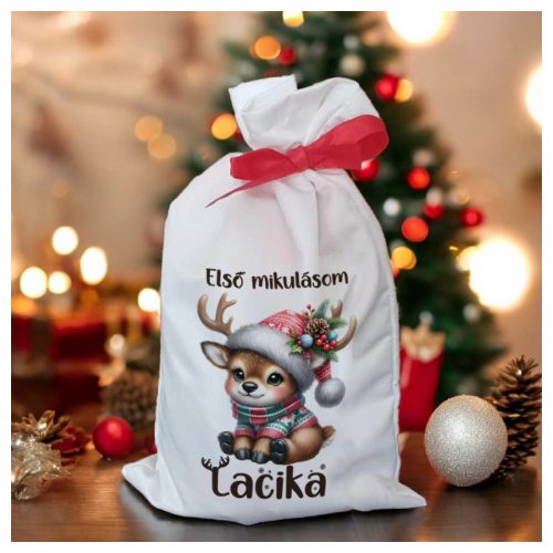 Télapó saokás Rudolf mintás mikulás zsák – egyedi névre szóló mikizsák gyerekeknek