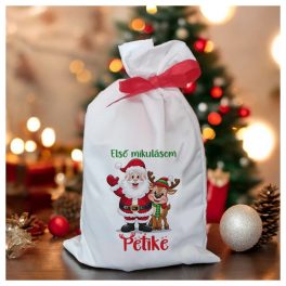 Télapó Rudolf mintás mikulás zsák – egyedi névre szóló mikizsák gyerekeknek