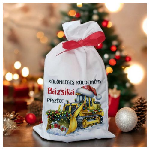 Télapó sapkás sárga markoló mintás mikulás zsák – egyedi névre szóló mikizsák gyerekeknek