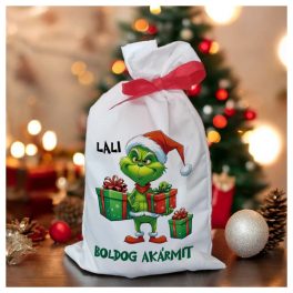 Névre szóló mikulás zsák – vicces zöld manó „Boldog akármit” felirattal