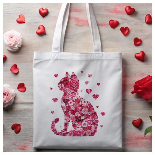 Cuki cicás vászonszatyor rózsákkal szivecskékkel nem csak Valentin napra 