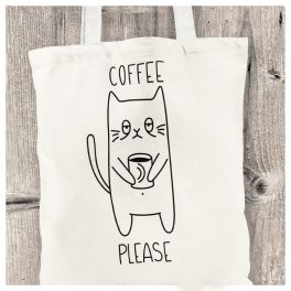 Cicás vászonszatyor Coffee Please felirattal – macskás ajándékötlet