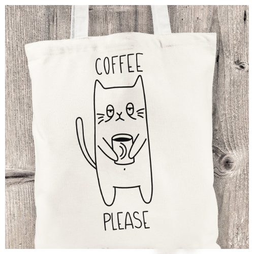 Cicás vászonszatyor Coffee Please felirattal – macskás ajándékötlet