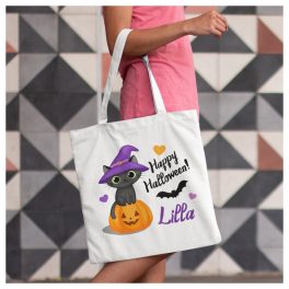   Boszi cica sütőtökkel - cuki vászonszatyor Halloweenre - saját névvel 