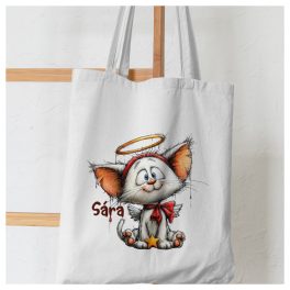 Angyali cica mintás karácsonyi vászonszatyor névvel, glóriás macskával és angyalszárnnyal