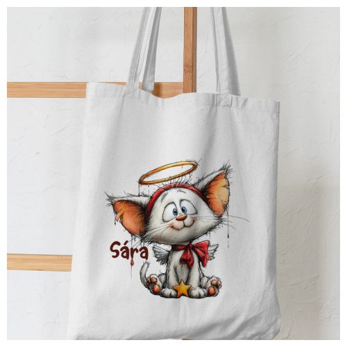 Angyali cica mintás karácsonyi vászonszatyor névvel, glóriás macskával és angyalszárnnyal