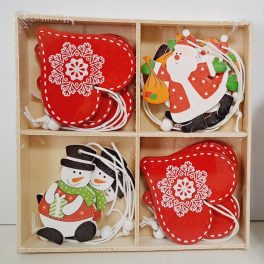   Karácsonyfadísz - mikulás+hóember+piros szív fából 12db-os 