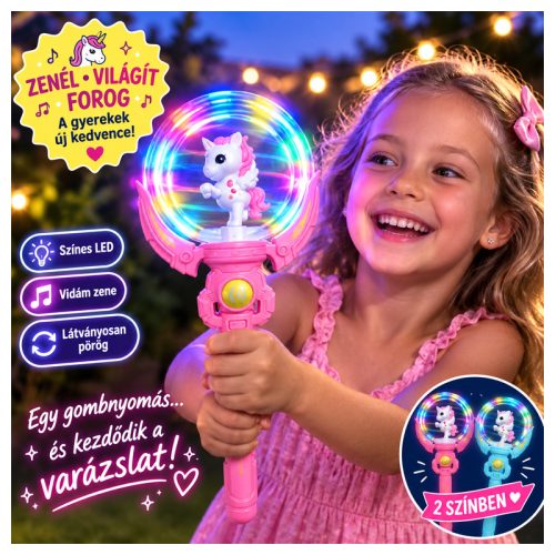 Zenélő világító LED varázspálca gyerekeknek – Unikornis, Delfin vagy Dinó | Forgó színes fények (36 cm)