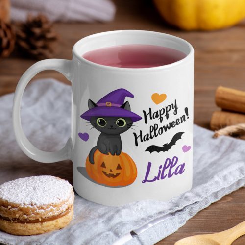 Halloweeni cicás bögre - egyedi neves bögre 